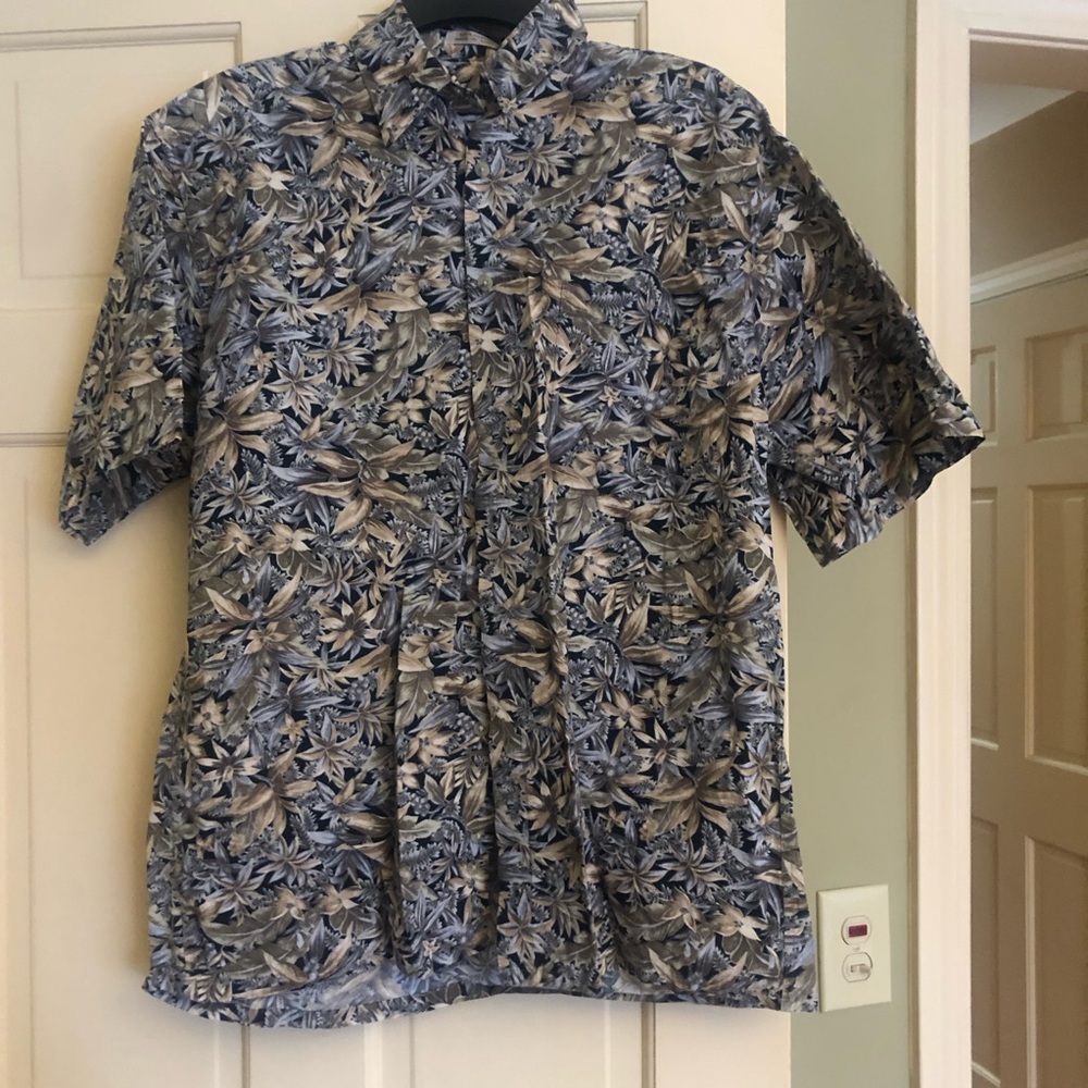 Pierre Cardin Men's Blue and Tan Leaf Print Shirt